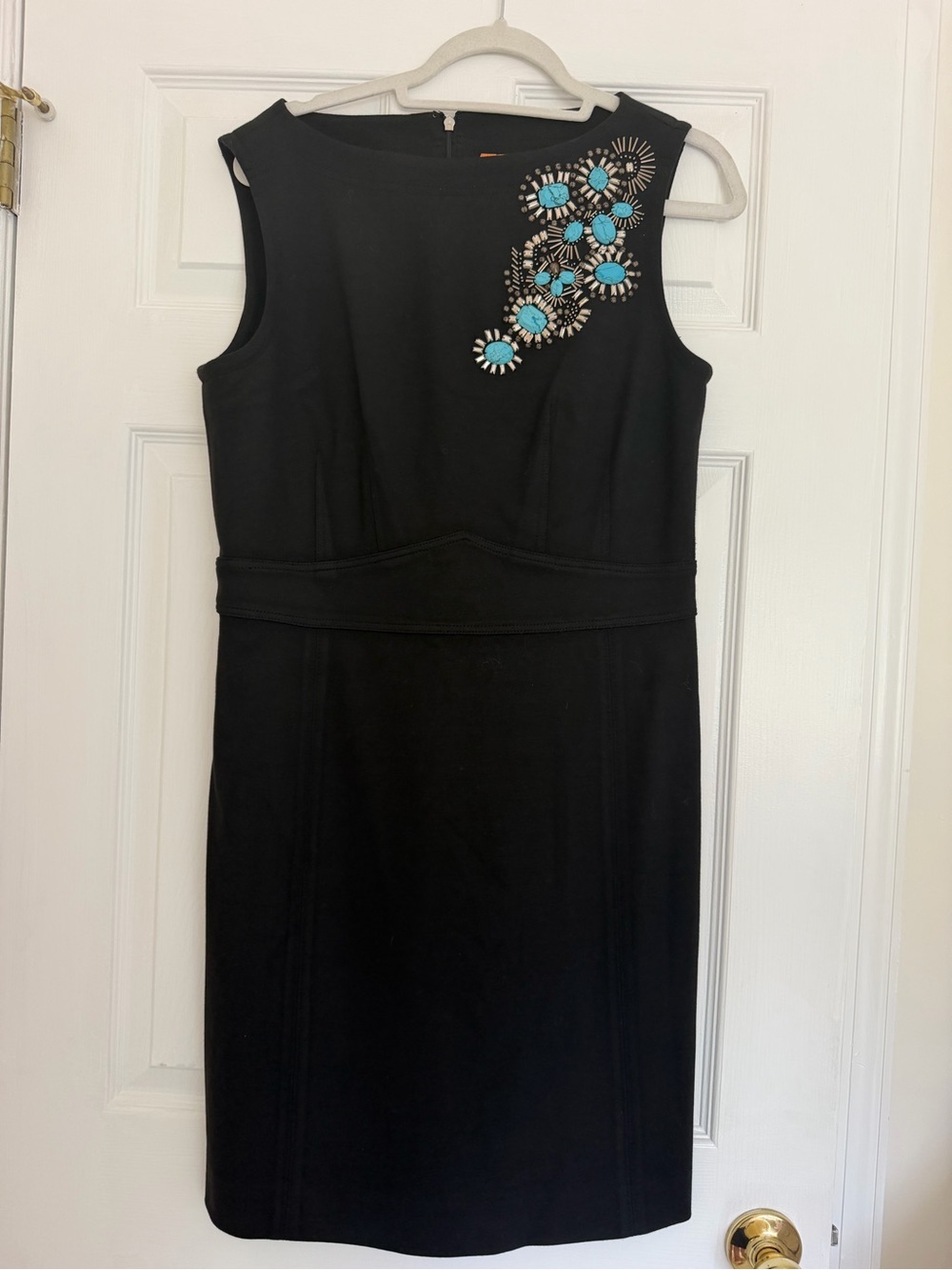 Tory Burch Black Sheath Dress with Turquoise and Gold Embellishment